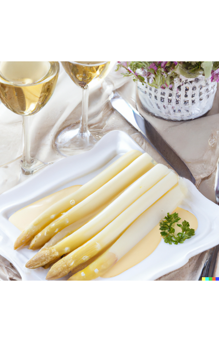 DALL·E 2023-04-18 11.28.57 - white asparagus with hollandaise and a glass of white wine.png