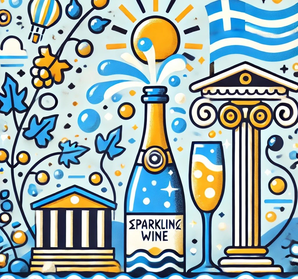 DALL·E 2024-08-12 12.12.14 - A playful and informal illustration for a Greek sparkling wine tasting event. The design includes whimsical elements of Greek culture such as cartooni.jpeg